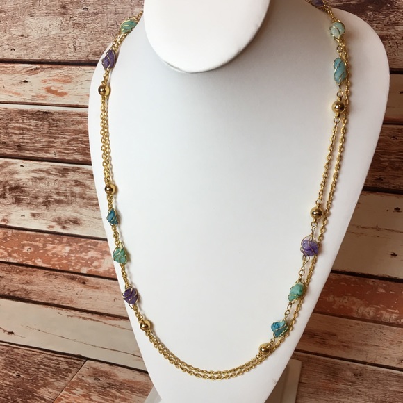 FI Jewelry - {FI} multi colored stone, gold toned necklace
